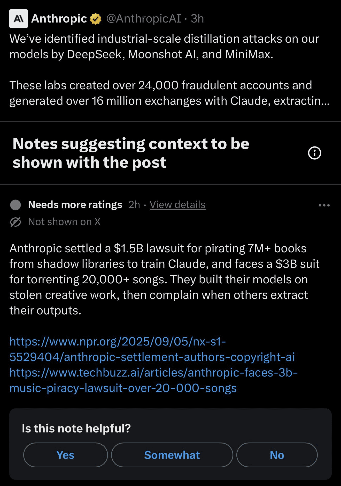 Community Note shown with Anthropic's X post about distillation claims