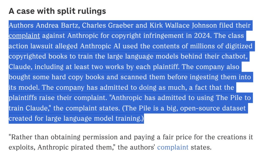 Screenshot excerpt discussing copyright allegations involving Anthropic and The Pile dataset