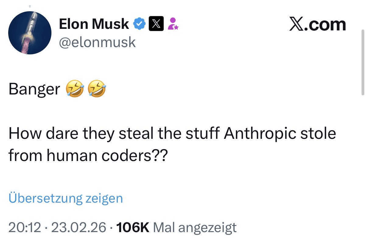 Screenshot of Elon Musk's reaction post about the Anthropic distillation controversy
